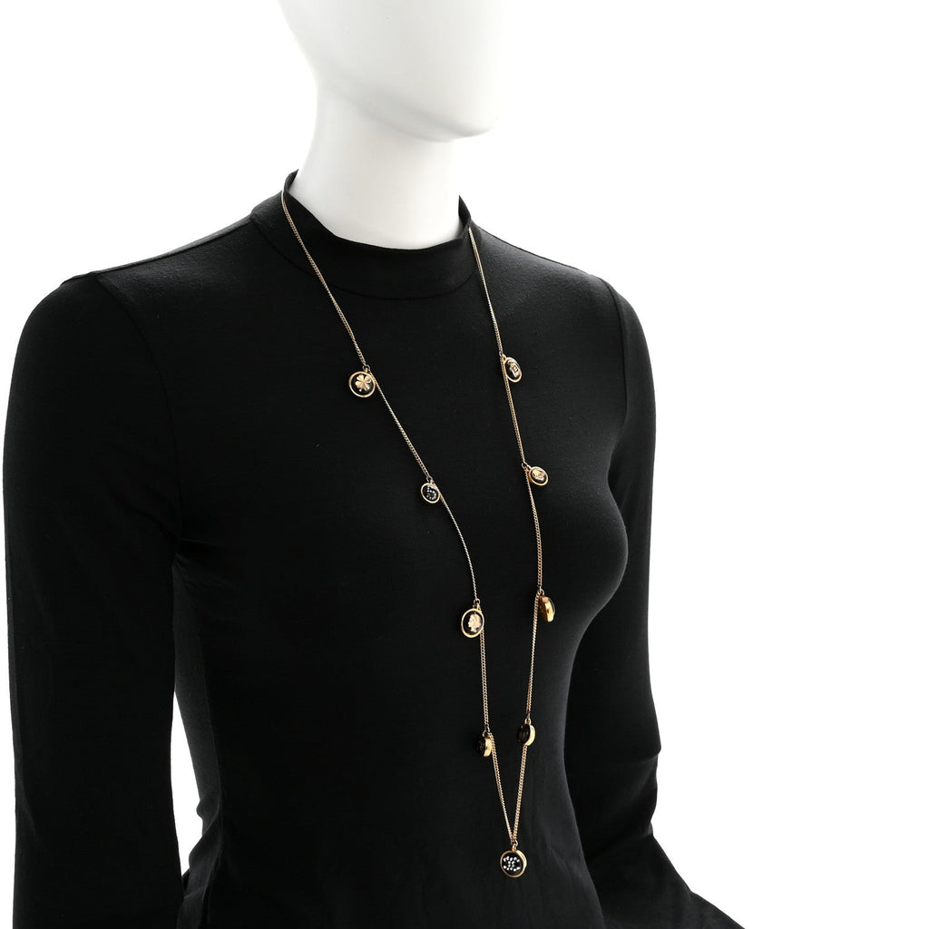 Chanel Metal Resin Enamel Crystal CC Long Necklace Gold Black