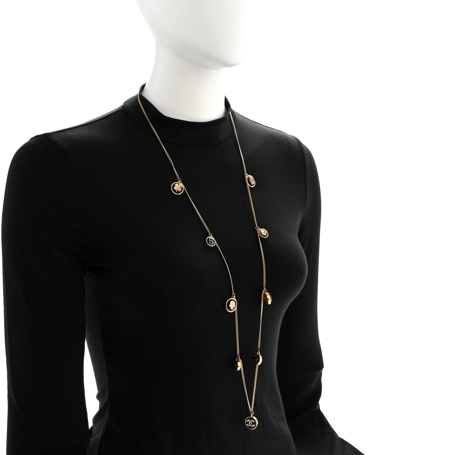 Chanel Metal Resin Enamel Crystal CC Long Necklace Gold Black