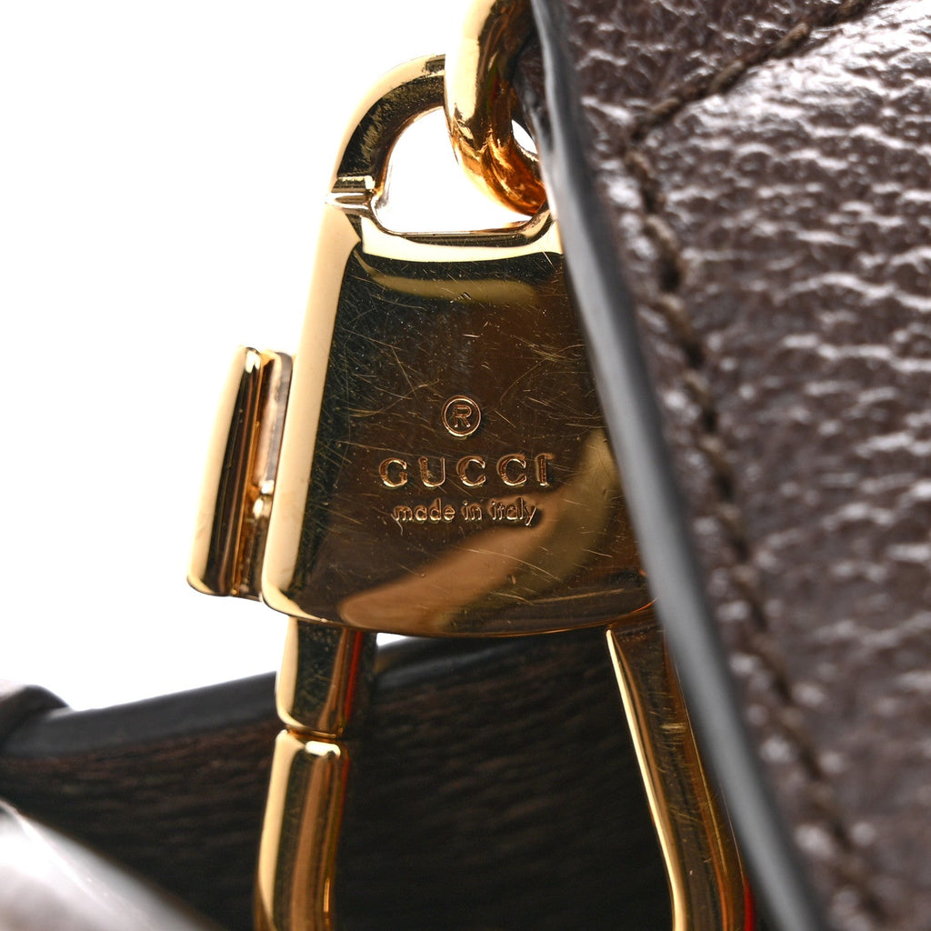 Gucci Monogram Jumbo GG Textured Dollar Calfskin Web Mini Vertical Tote Camel Ebony New Acero