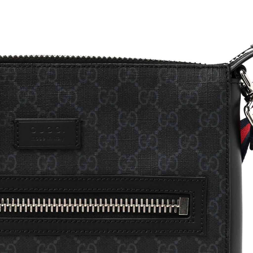 Gucci GG Supreme Monogram Appia Calfskin Web Flat Messenger Bag Black Grey
