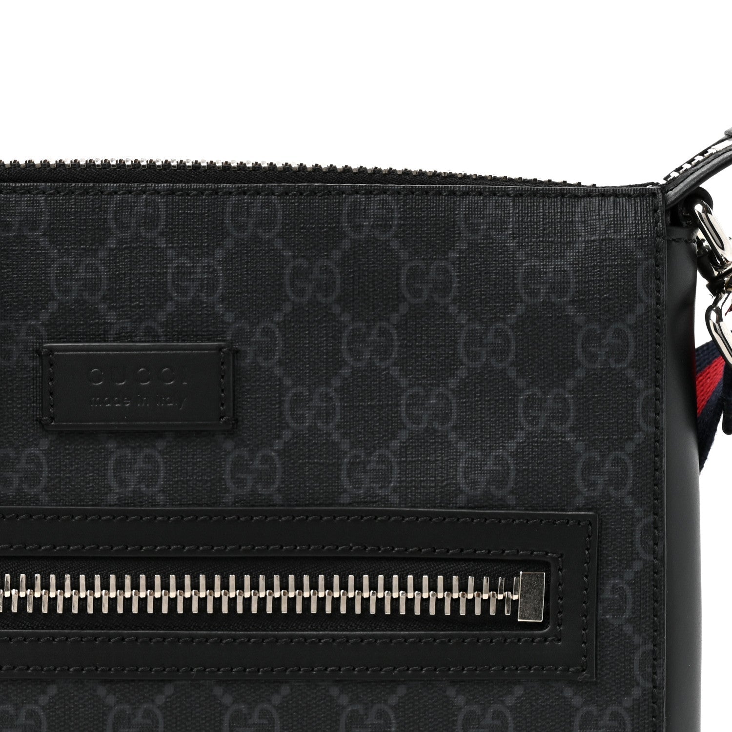 Gucci GG Supreme Monogram Appia Calfskin Web Flat Messenger Bag Black Grey