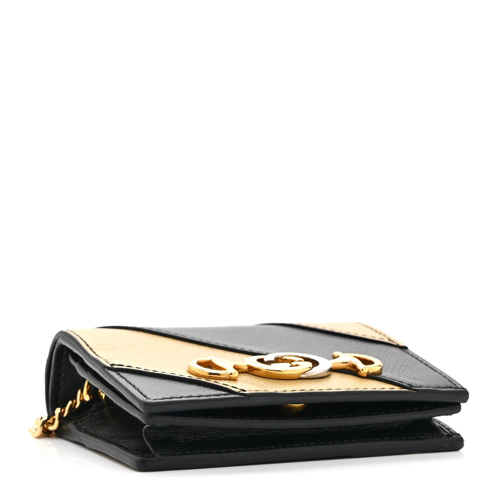 Gucci Calfskin Diagonal Striped Zumi Chain Card Case Wallet Black Beige