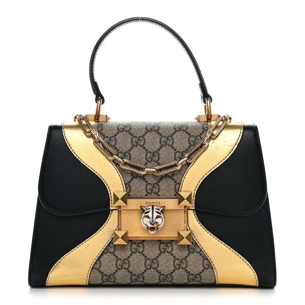 Gucci GG Supreme Monogram Small Osiride Top Handle Bag Black Gold