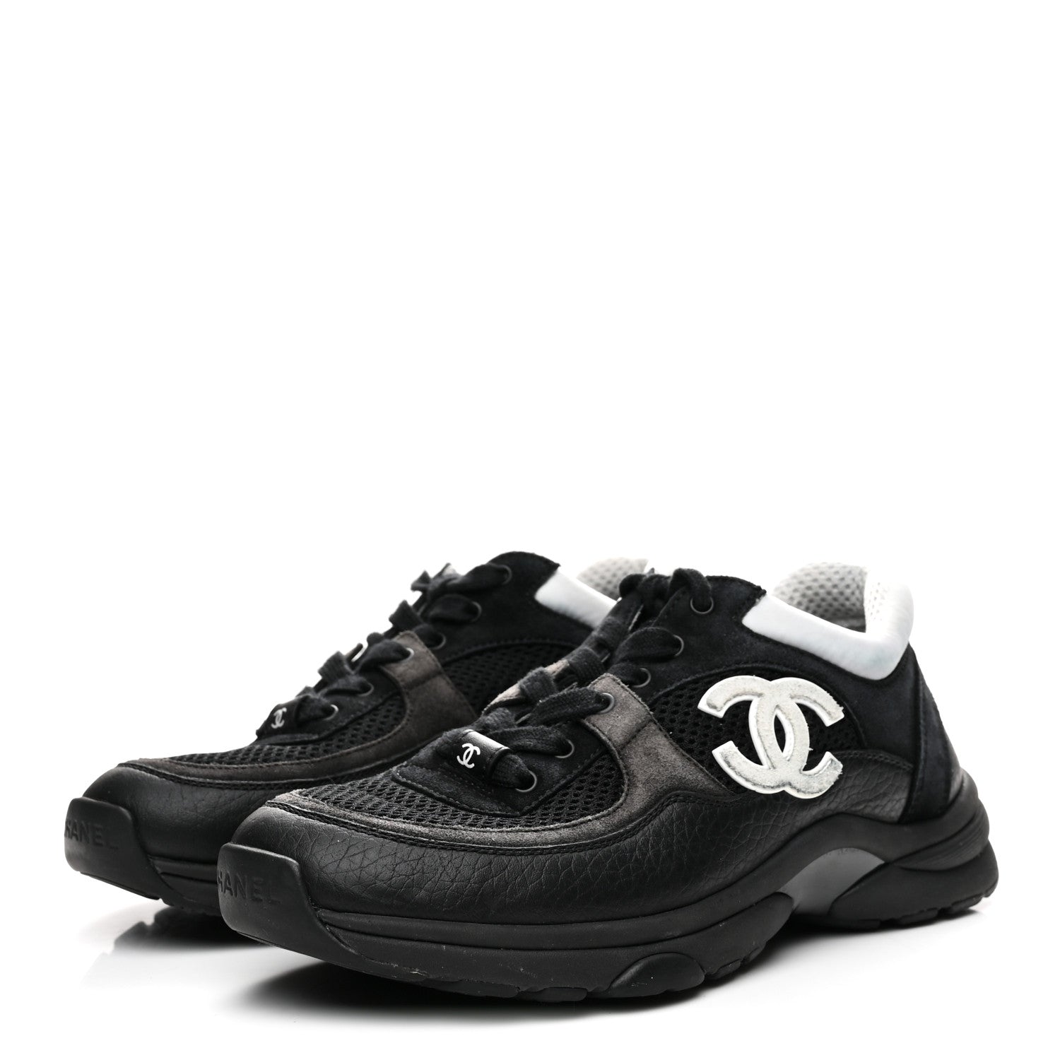 Mesh Suede Grained Calfskin Womens CC Sneakers 36 Black White