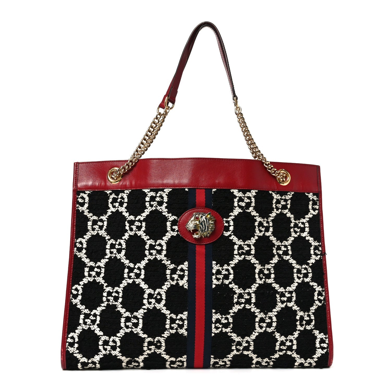 Gucci Tweed GG Monogram Large Rajah Chain Tote Romantic Cherry Black White
