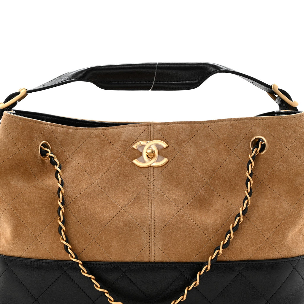 Chanel Suede Calfskin Shiny Lambskin Quilted Small Coco Base Shopping Bag Beige Black