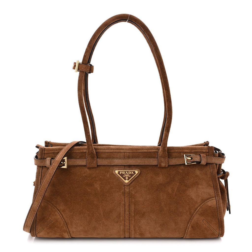 Prada Suede Triangle Medium Bonnie Shoulder Bag Cacao