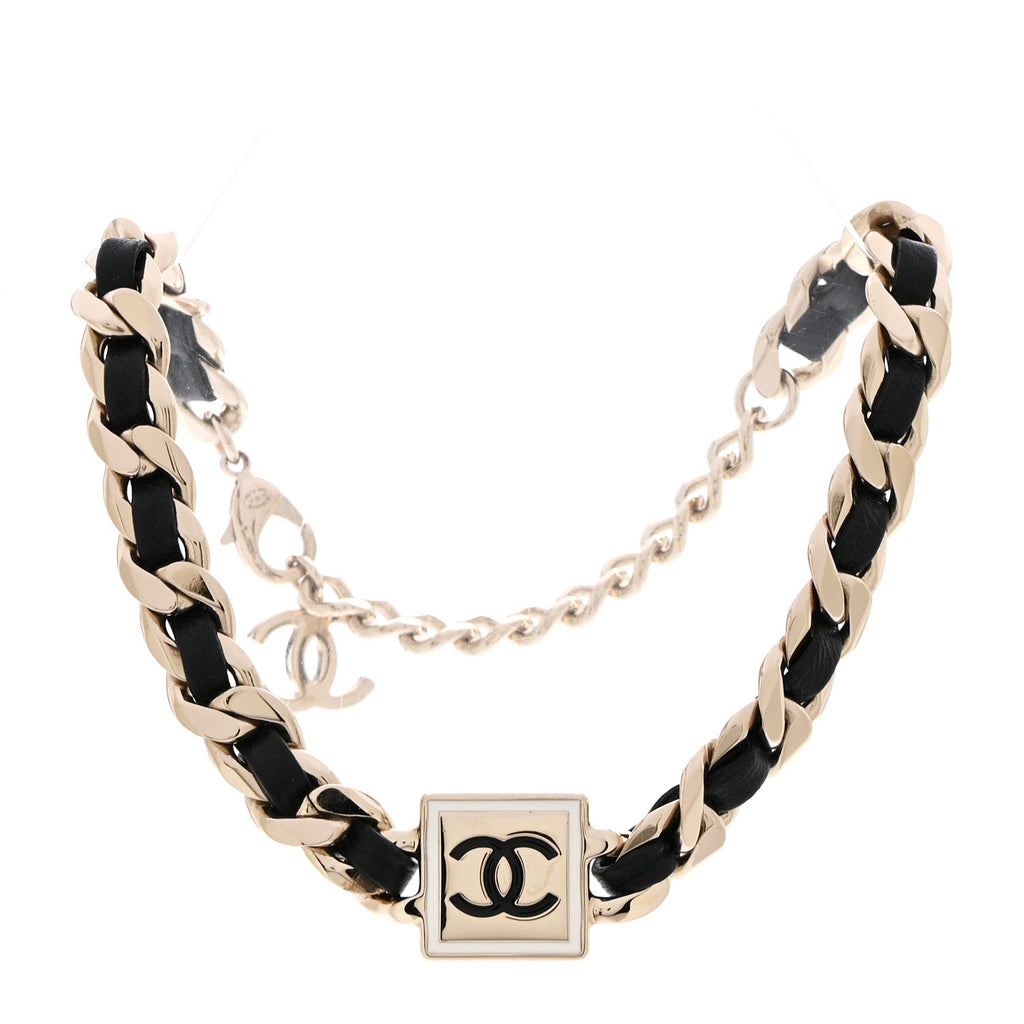 Metal Lambskin CC Square Choker Gold Black White