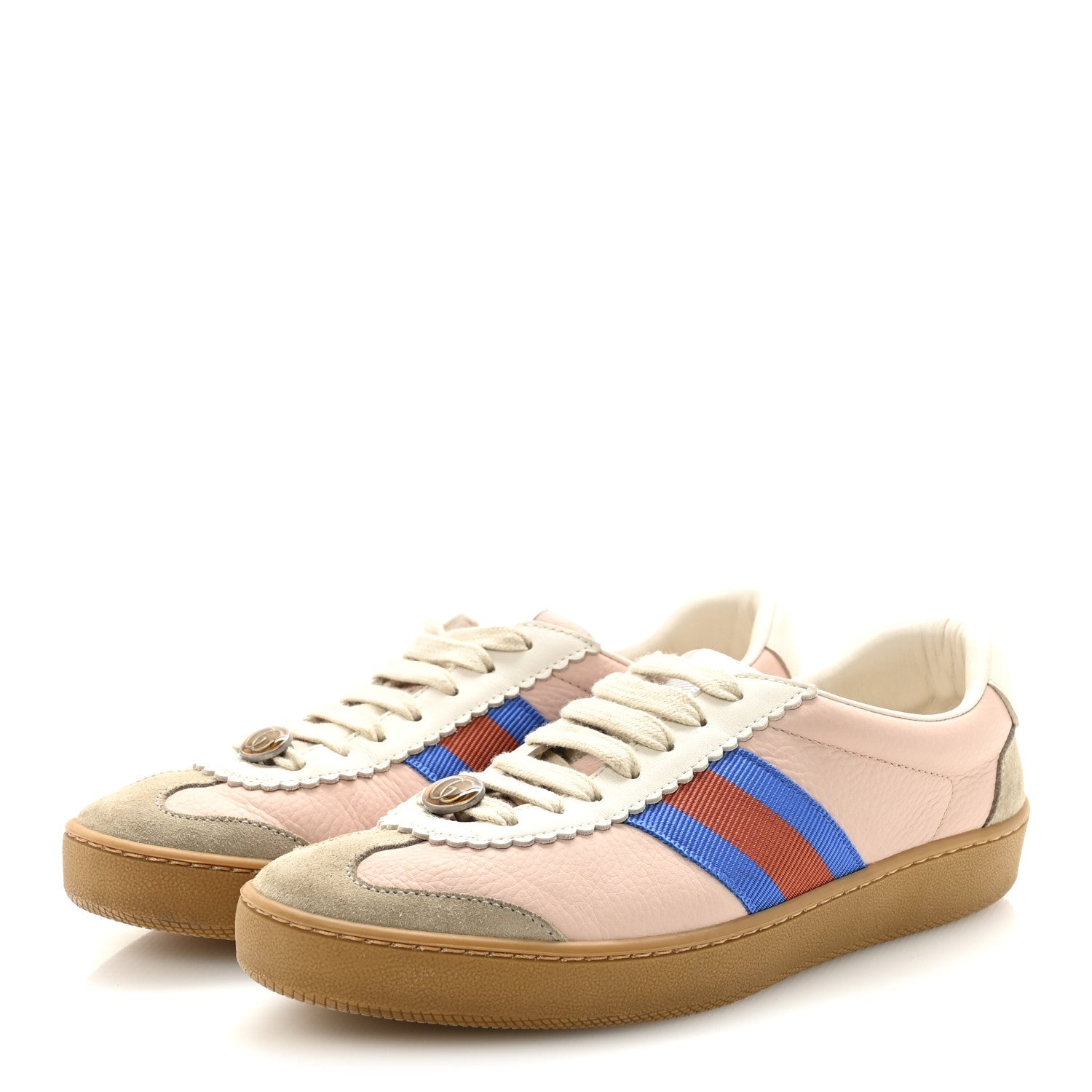 Gucci Calfskin Suede Web Womens G74 Sneakers 37 Oatmeal Soft Rose