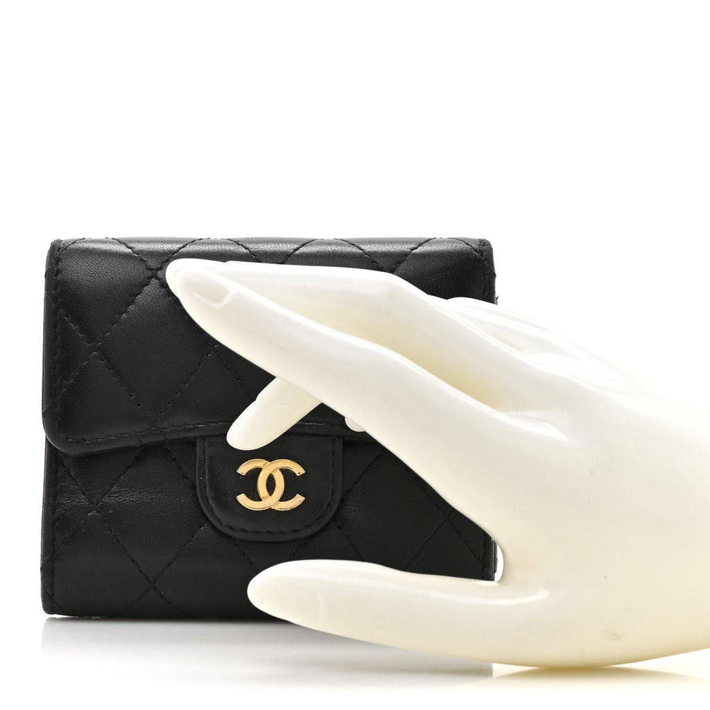 Lambskin Quilted Compact Flap Wallet Black