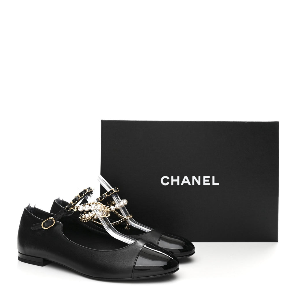 Chanel Shiny Lambskin Pearl Cap Toe Ankle Chain Ballerina Flats 37 Black