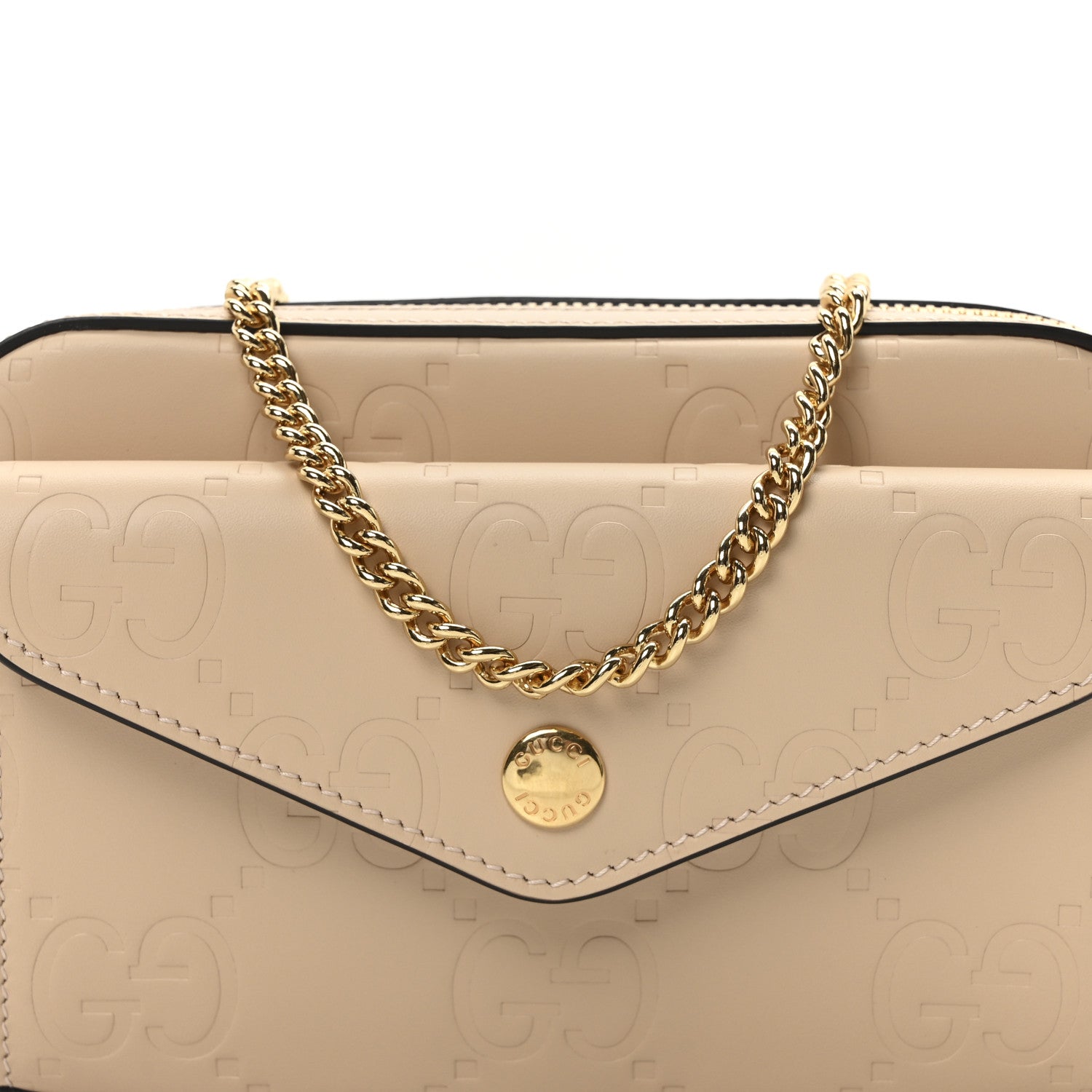 Gucci Calfskin GG Super Mini Debossed Chain Wallet Light Beige