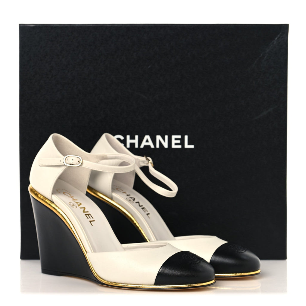 Lambskin Cap Toe Open Wedge 38 Black White