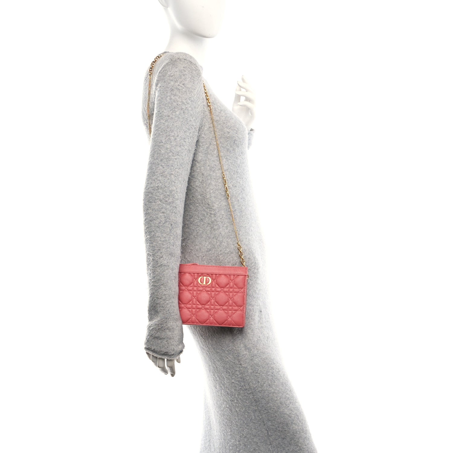Christian Dior Calfskin Cannage Caro Zipped Pouch With Chain Coral Powder