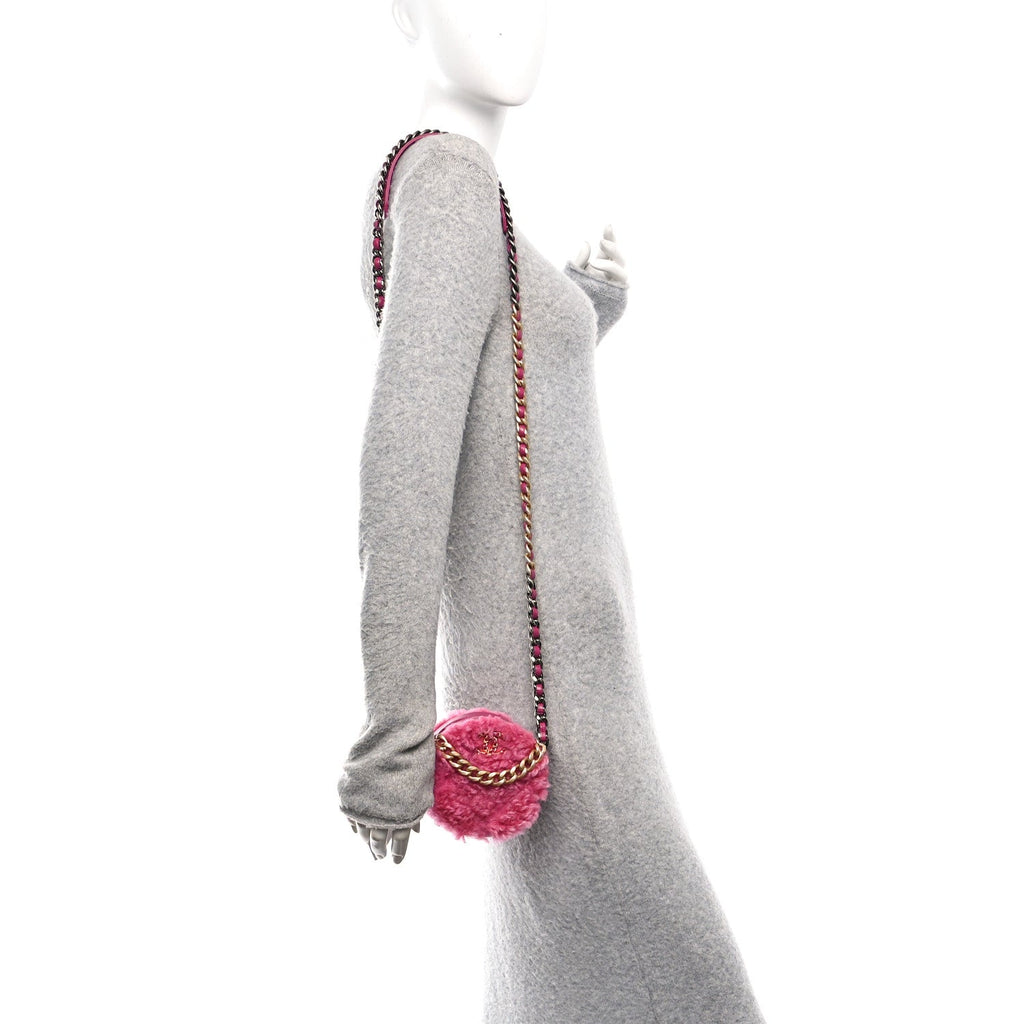Chanel Shearling Sheepskin Chanel 19 Round Clutch With Chain Dark Pink