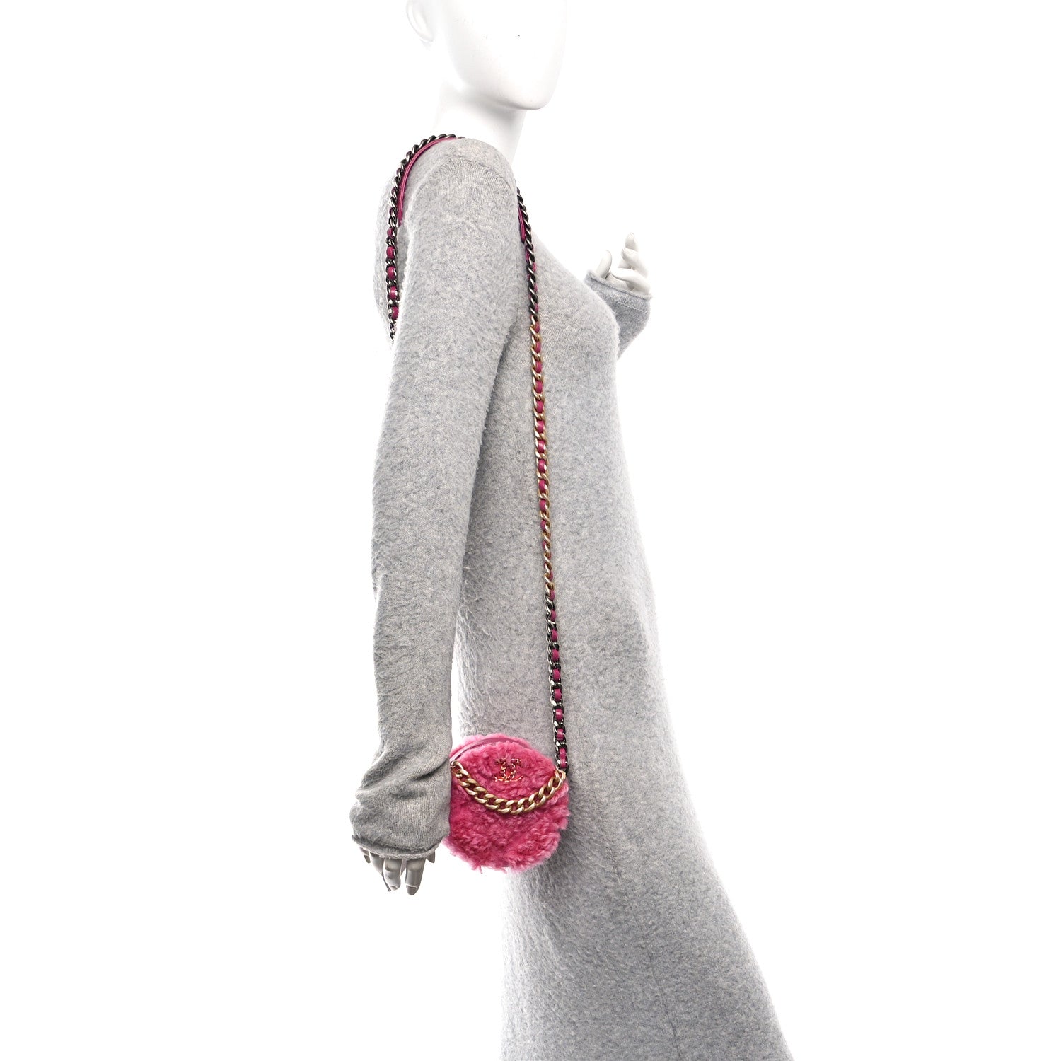 Chanel Shearling Sheepskin Chanel 19 Round Clutch With Chain Dark Pink