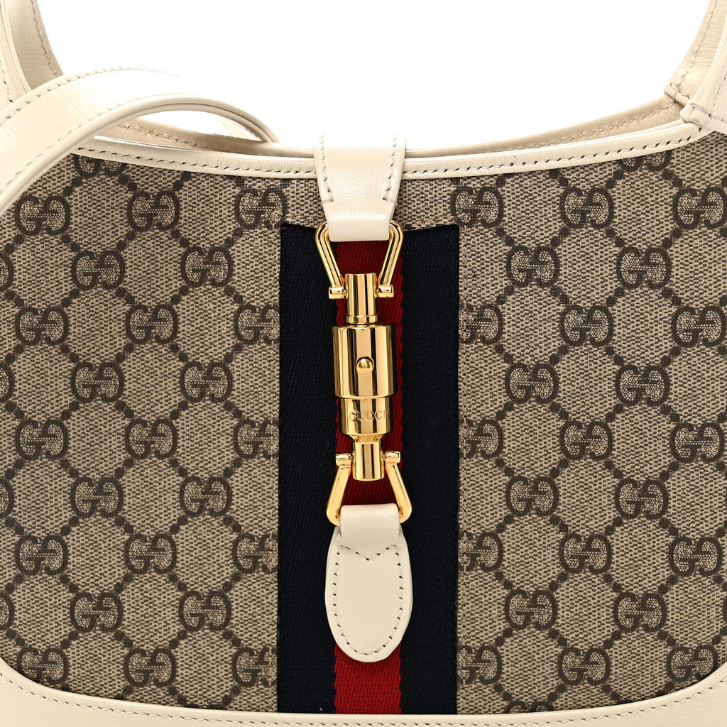 Gucci GG Supreme Monogram Azalea Calfskin Web Small Jackie 1961 Hobo Beige Ebony Mystic White