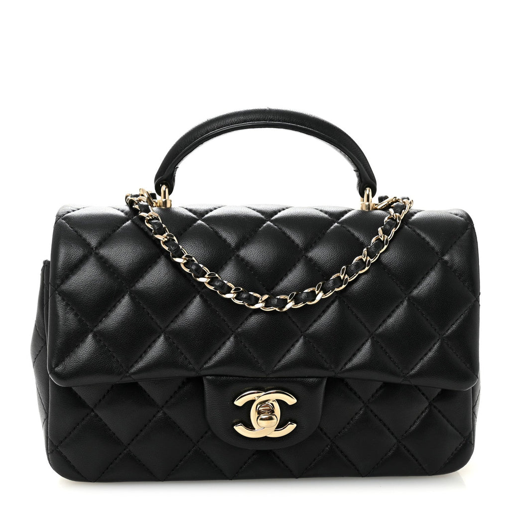 Chanel Lambskin Quilted Mini Top Handle Rectangular Flap Black
