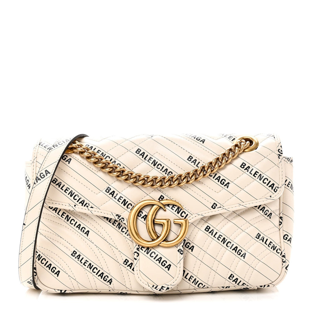 Gucci X BALENCIAGA Calfskin Matelasse Logo Print Small GG Marmont Shoulder Bag White