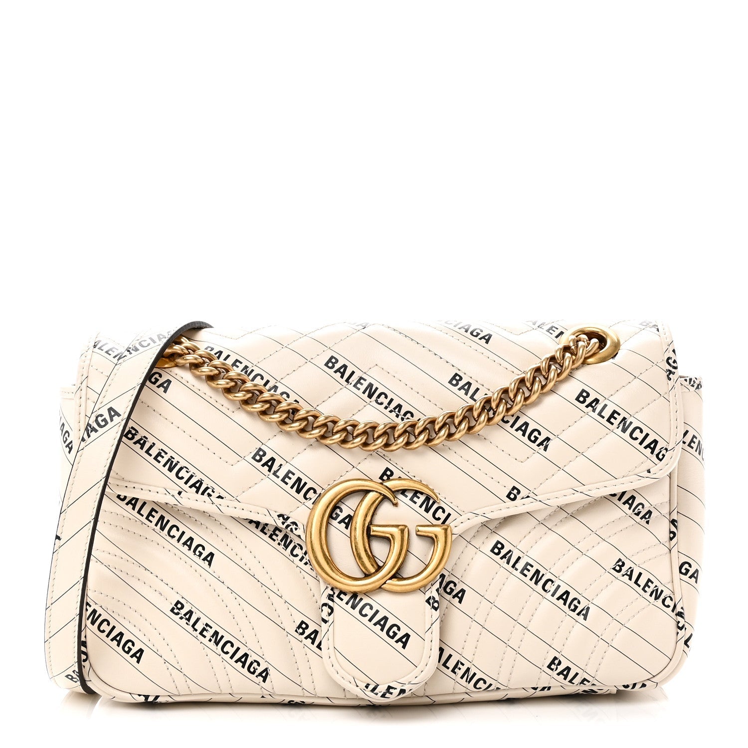 Gucci X BALENCIAGA Calfskin Matelasse Logo Print Small GG Marmont Shoulder Bag White
