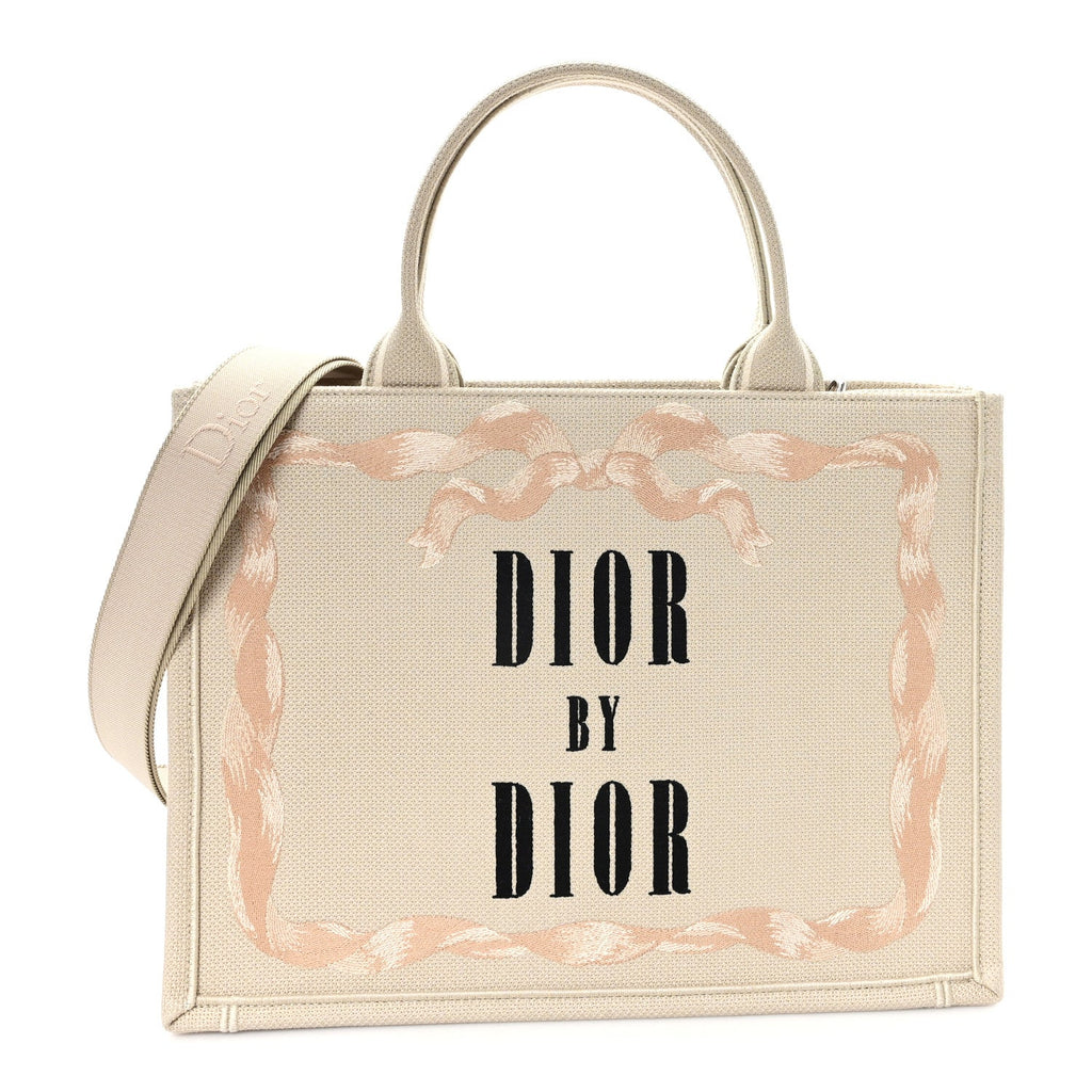Christian Dior Canvas Embroidered Medium Book Tote With Strap Beige Pink Black