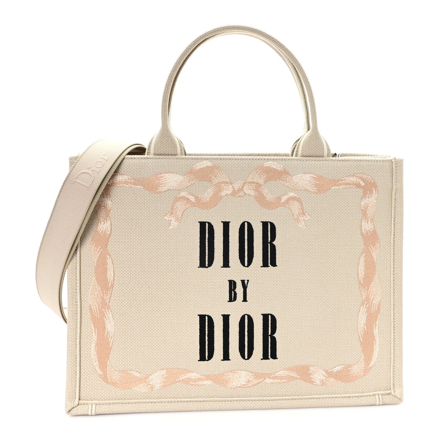 Christian Dior Canvas Embroidered Medium Book Tote With Strap Beige Pink Black