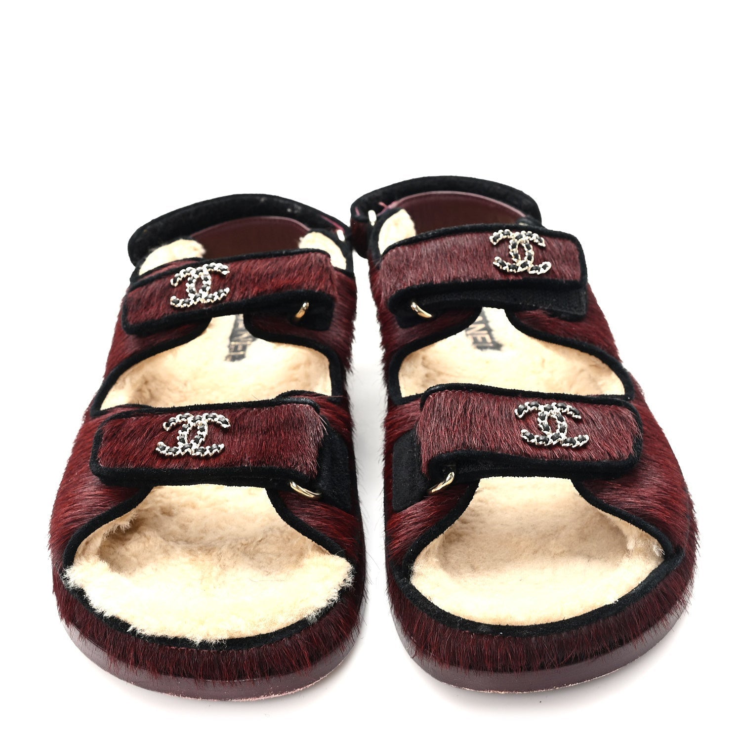 Calf Hair Suede Shearling Dad Sandals 37.5 Burgundy Black
