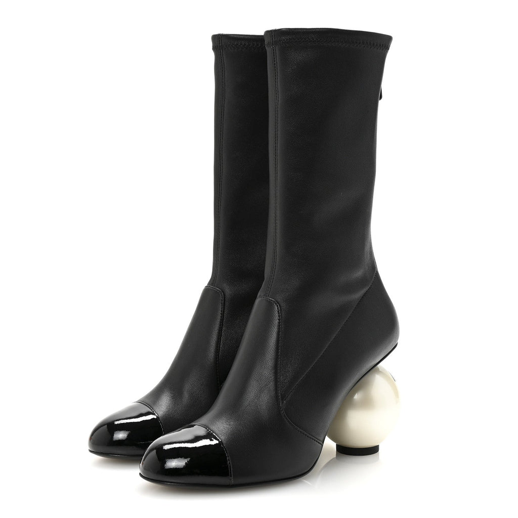 Chanel Stretch Lambskin Patent Cap Toe Pearl Ball Mid Calf Boots 35 Black