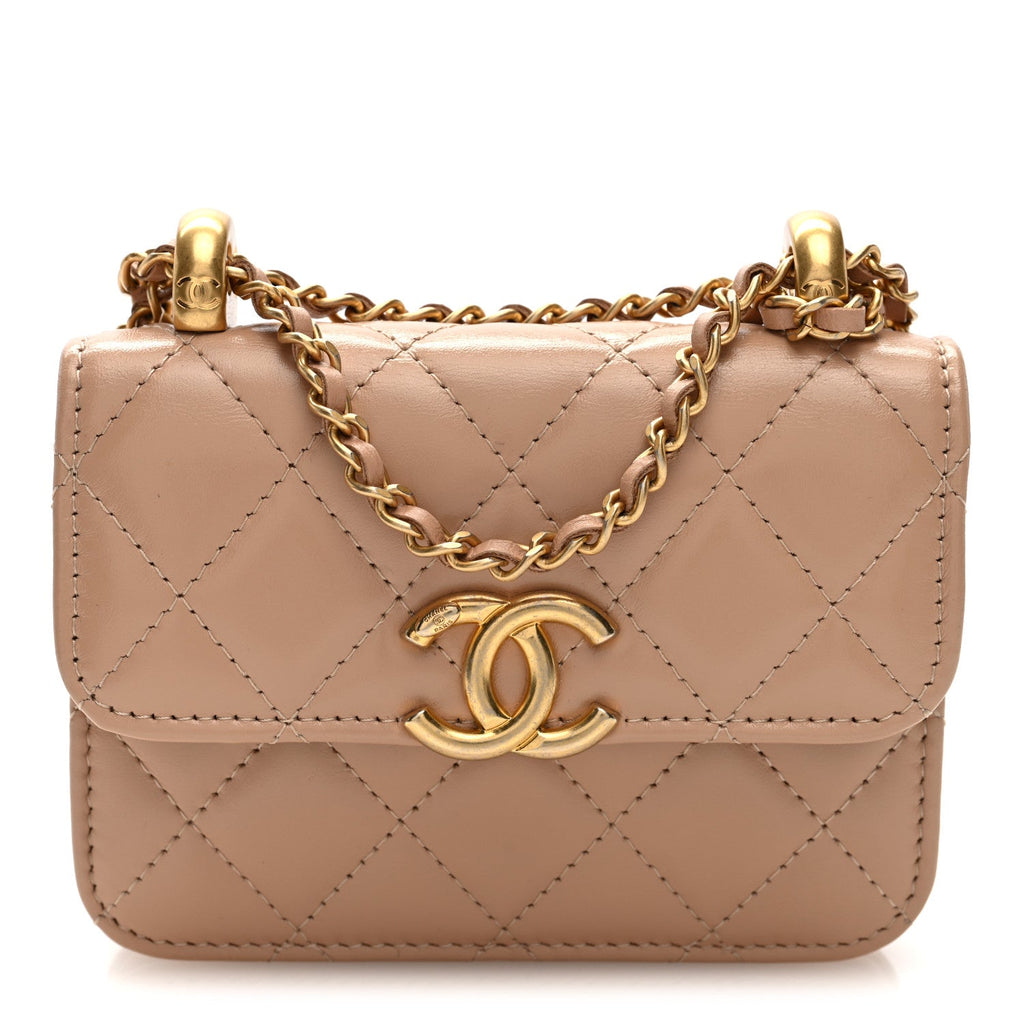 Chanel Calfskin Quilted Perfect Fit Coin Purse With Chain Beige
