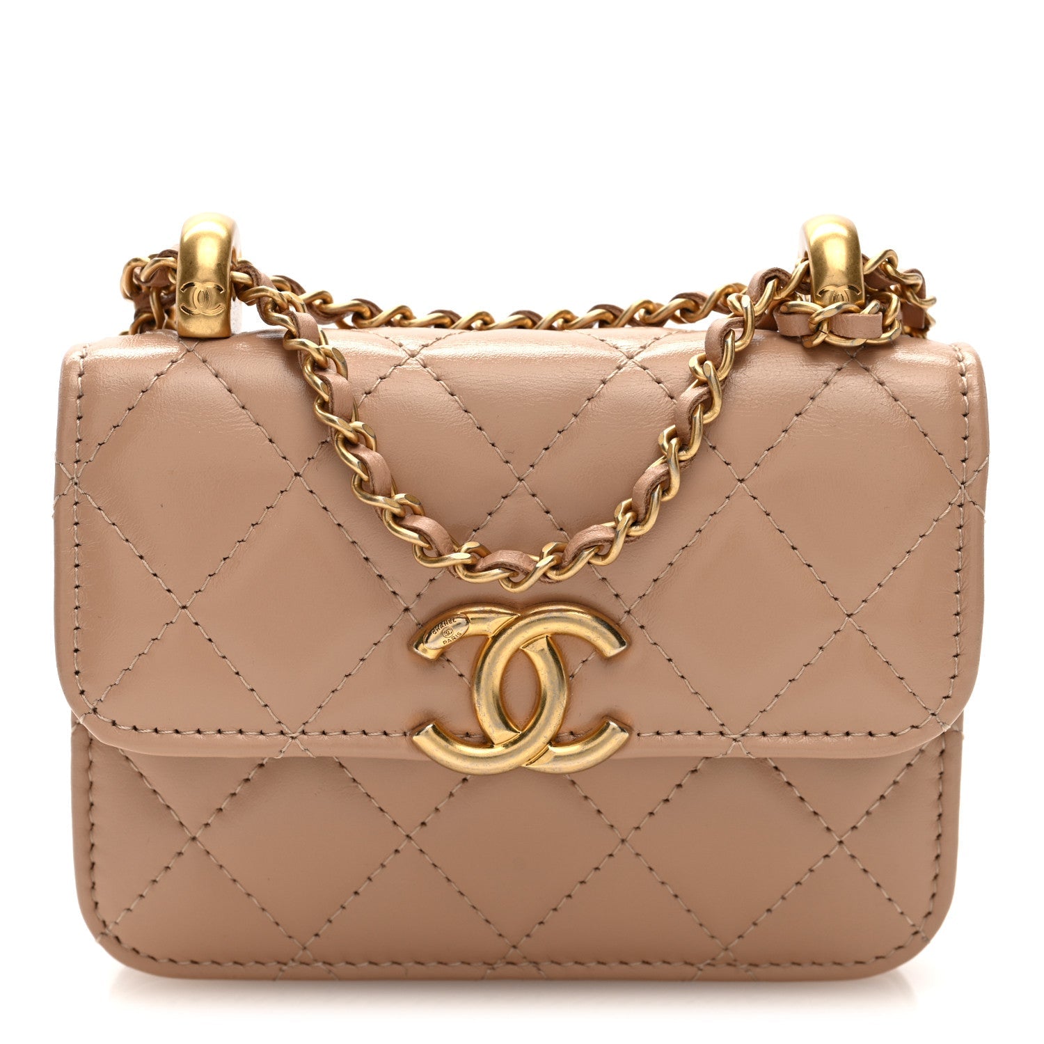 Chanel Calfskin Quilted Perfect Fit Coin Purse With Chain Beige