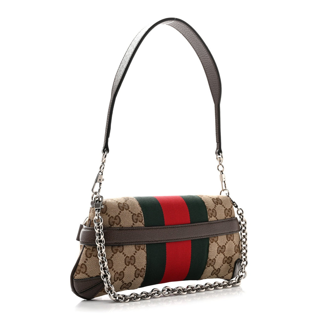 Gucci Monogram Textured Dollar Calfskin Heavy Grosgrain Web Small Maxi Horsebit Chain Shoulder Bag Beige Ebony New Acero