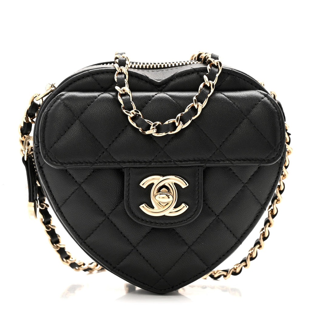 Chanel Lambskin Quilted CC In Love Heart Clutch With Chain Black