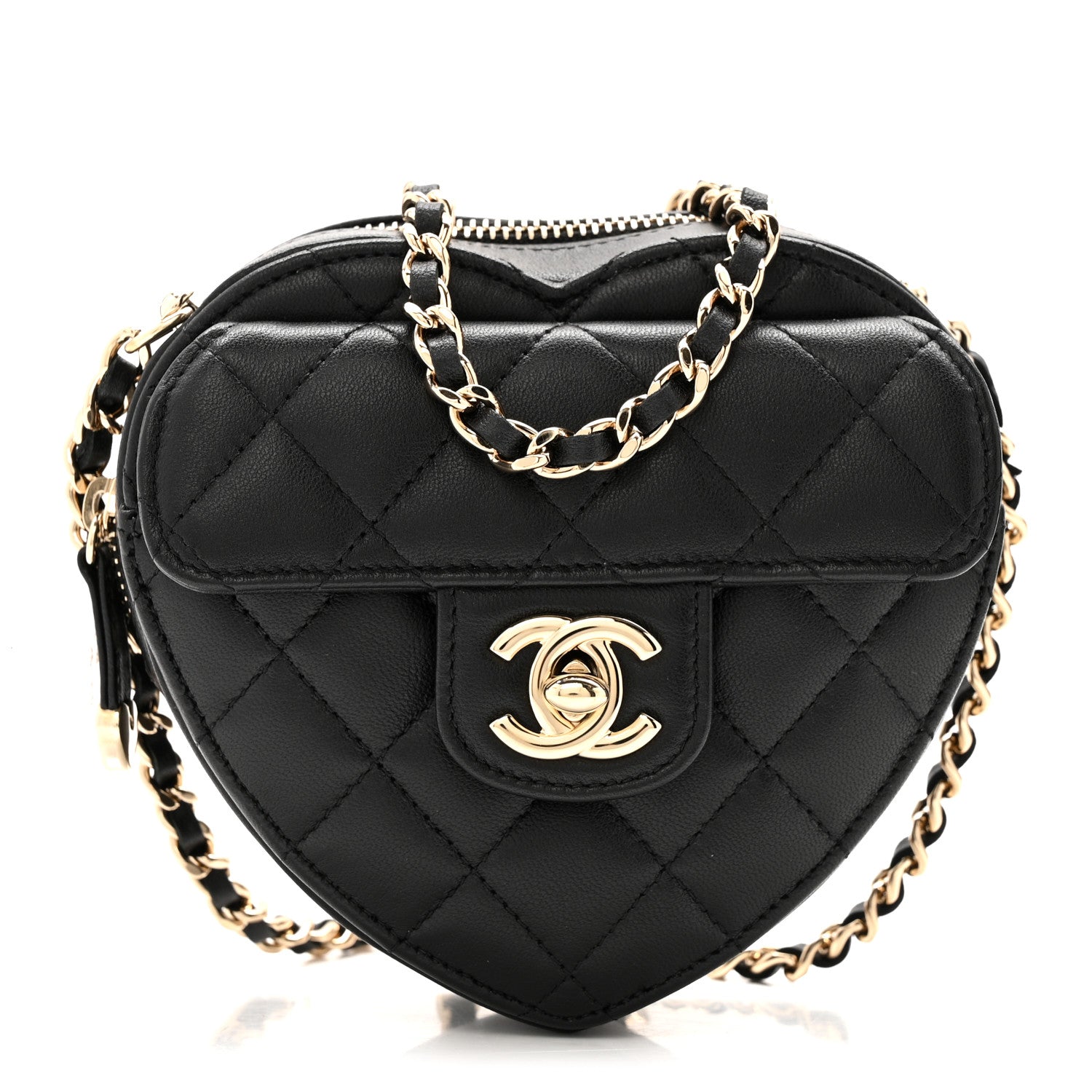 Chanel Lambskin Quilted CC In Love Heart Clutch With Chain Black