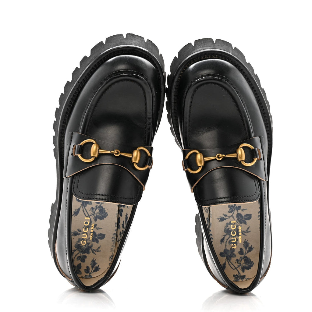 Gucci Cordovan Lux Womens Harald Horsebit 25mm Platform Loafers 37.5 Black
