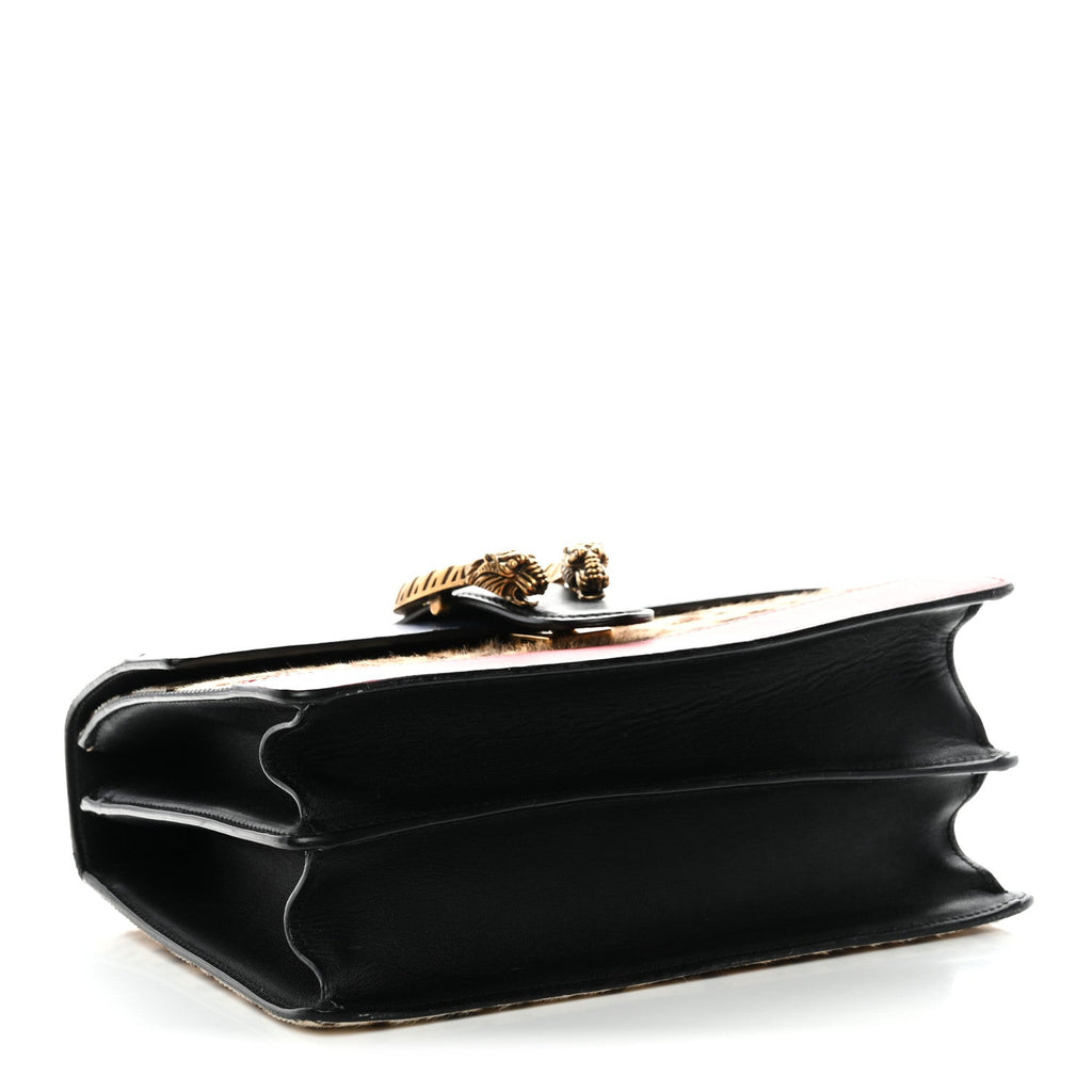 Gucci Calf Hair Calfskin Bamboo Web Leopard Print Medium Dionysus Top Handle Bag Natural Blue Agata Hibiscus Red