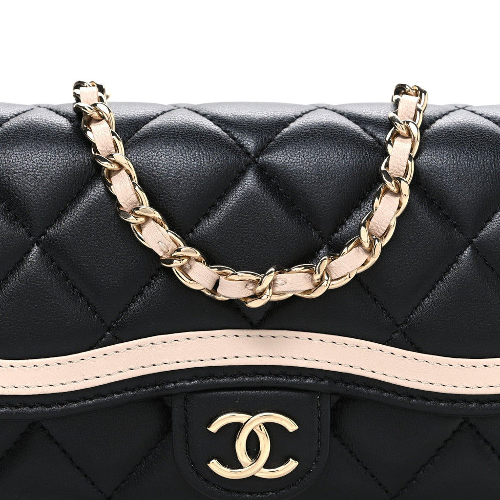 Chanel Lambskin Quilted Phone Holder Wallet With Chain Black Beige