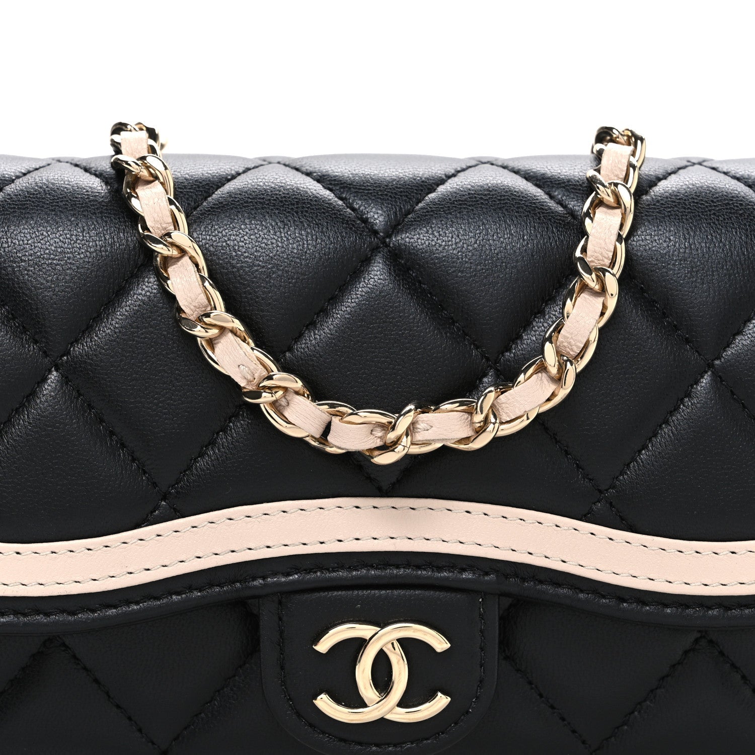 Chanel Lambskin Quilted Phone Holder Wallet With Chain Black Beige