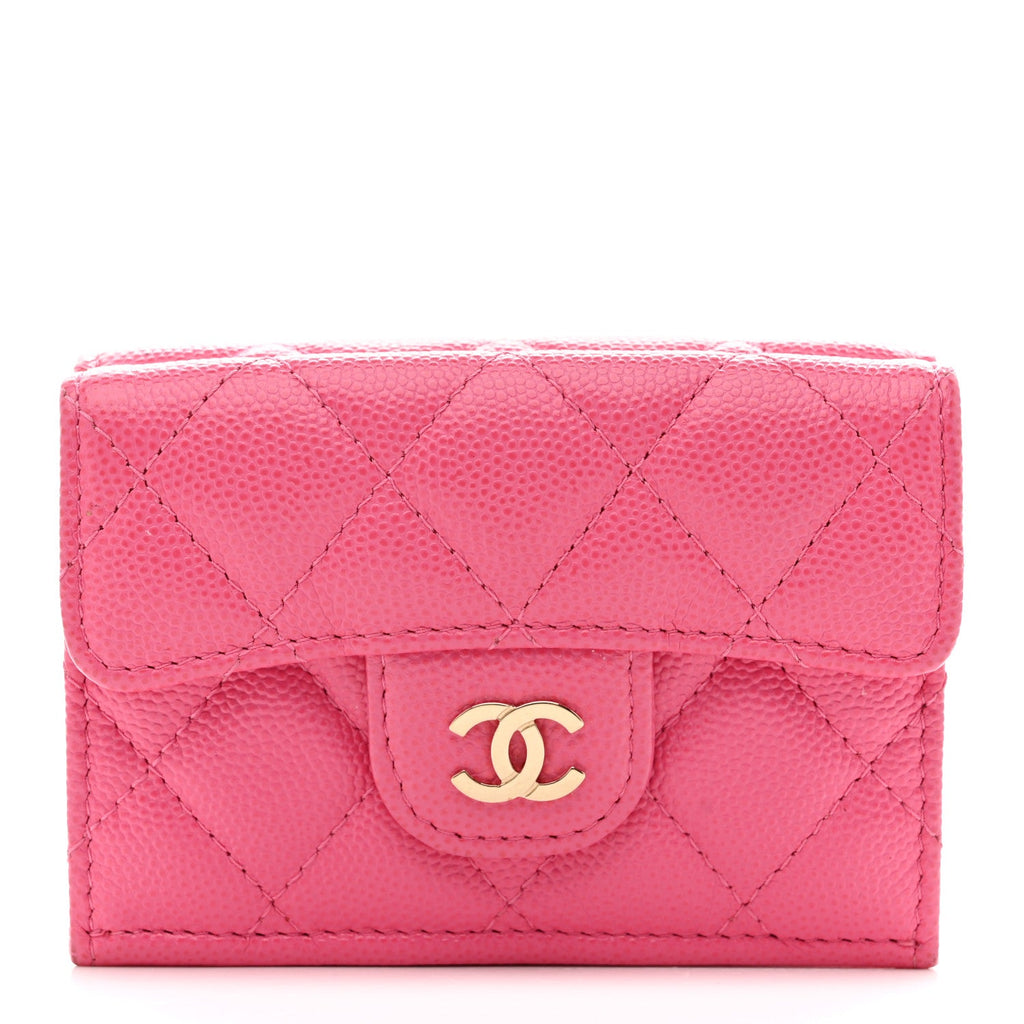 Caviar Quilted Tri-Fold Flap Wallet Pink