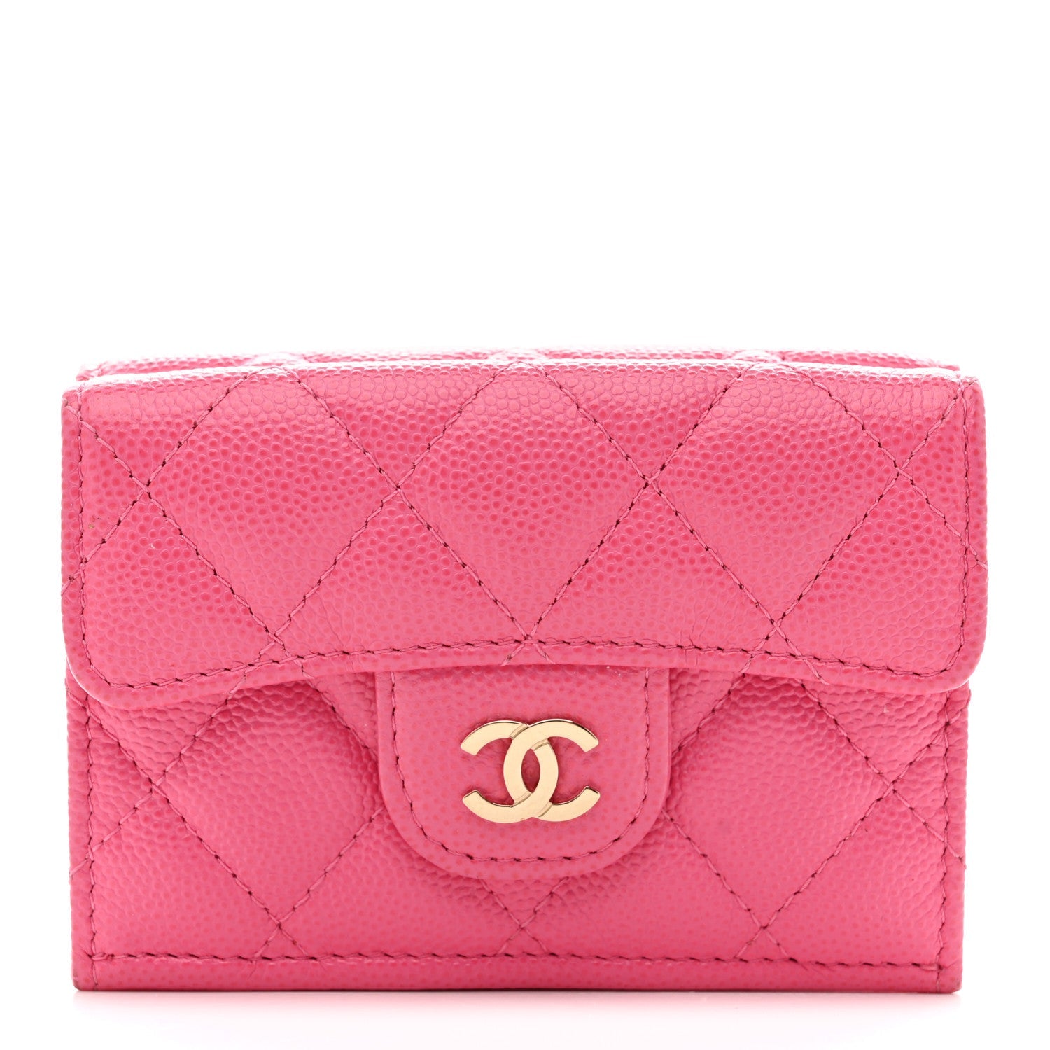 Caviar Quilted Tri-Fold Flap Wallet Pink