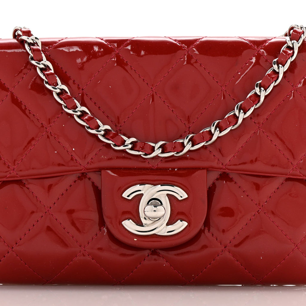 Chanel Patent Quilted Mini Flap Clutch With Chain  Red