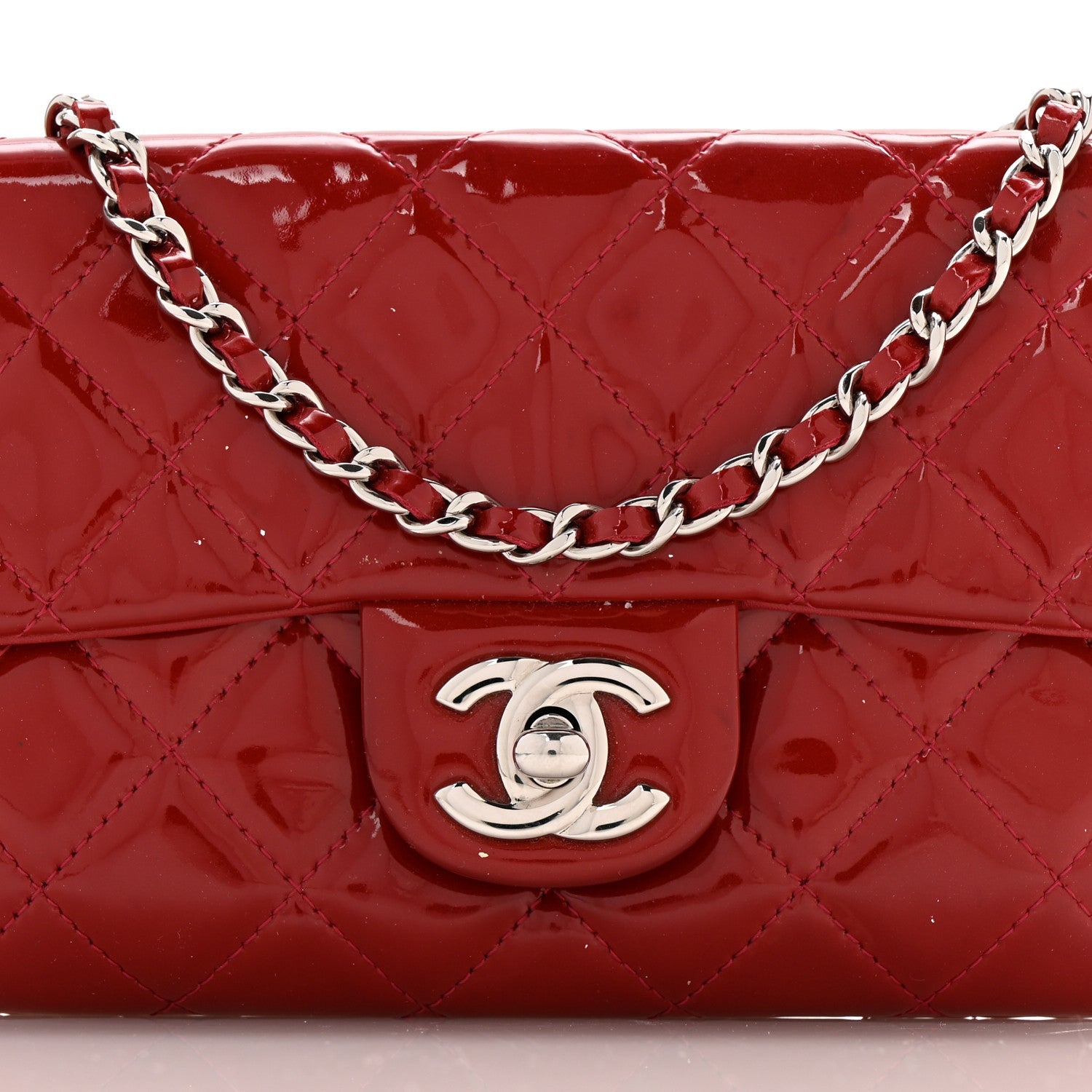 Chanel Patent Quilted Mini Flap Clutch With Chain  Red