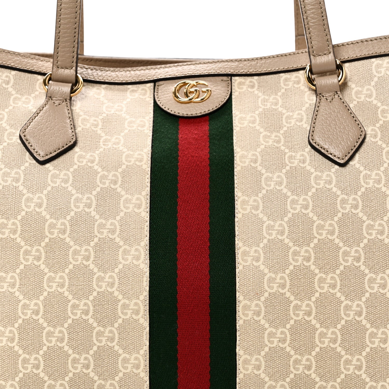 Gucci GG Supreme Monogram Textured Dollar Calfskin Web Medium Ophidia Shopping Tote Beige Mystic White Oatmeal