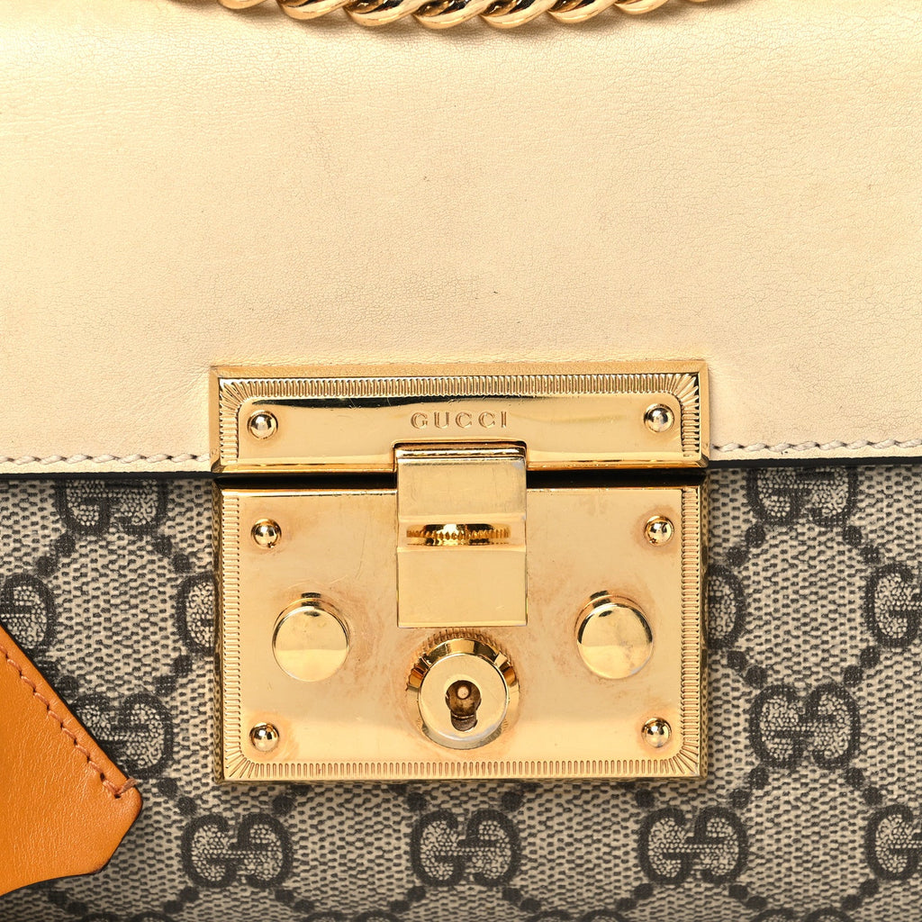 Gucci GG Supreme Monogram Calfskin Small Padlock Shoulder Bag Beige Mystic White Sun Oil