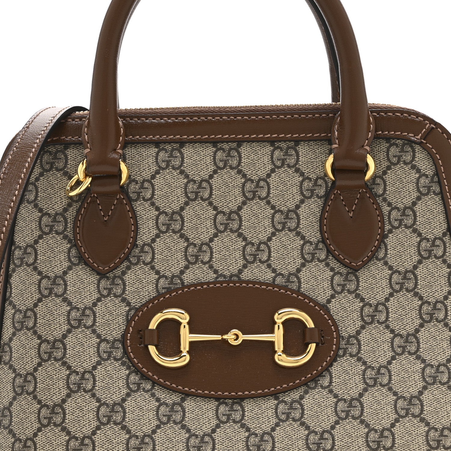 Gucci GG Supreme Monogram Azalea Calfskin Small Horsebit 1955 Top Handle Bag Beige Ebony Brown Sugar