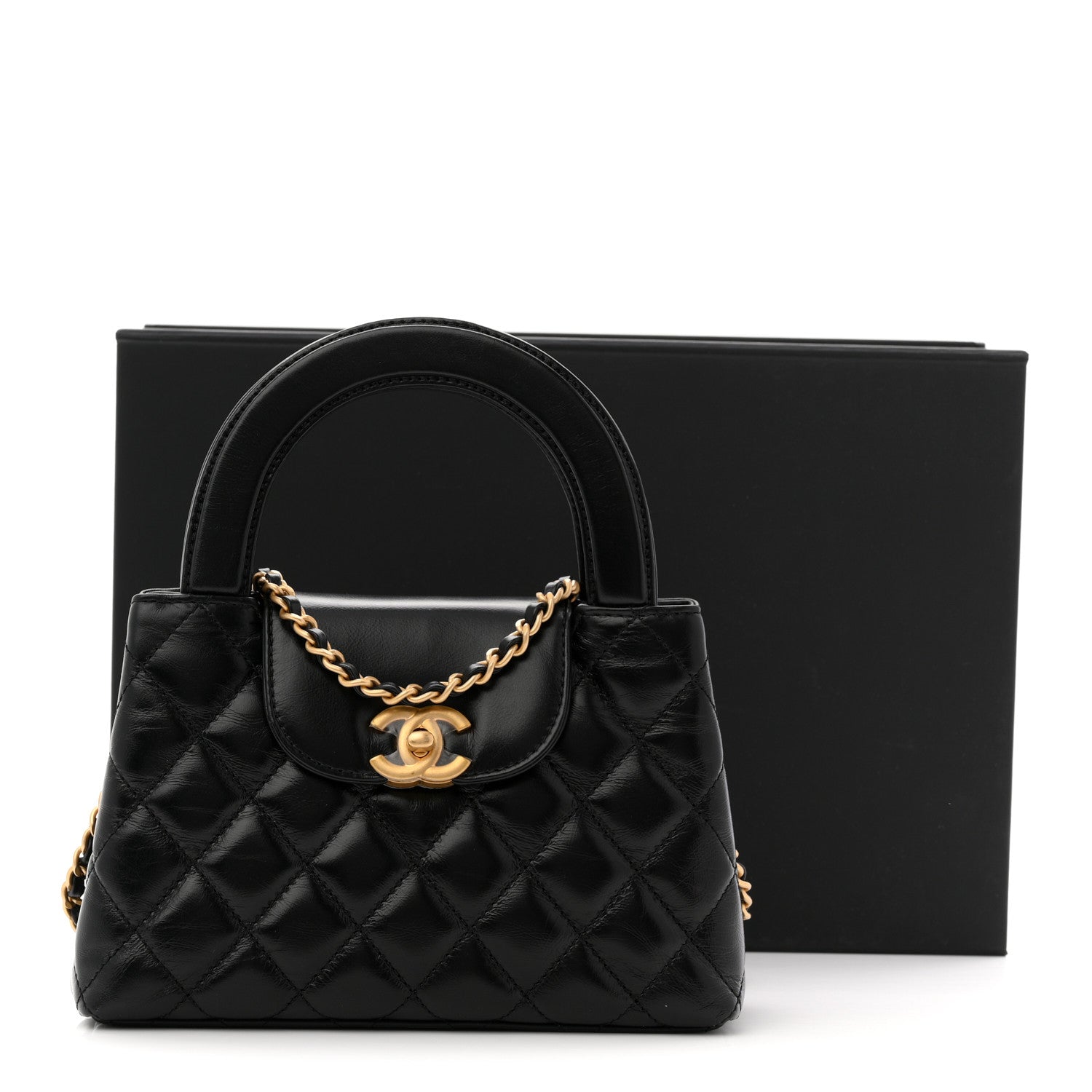Chanel Shiny Aged Calfskin Quilted Nano Kelly Shopper Black