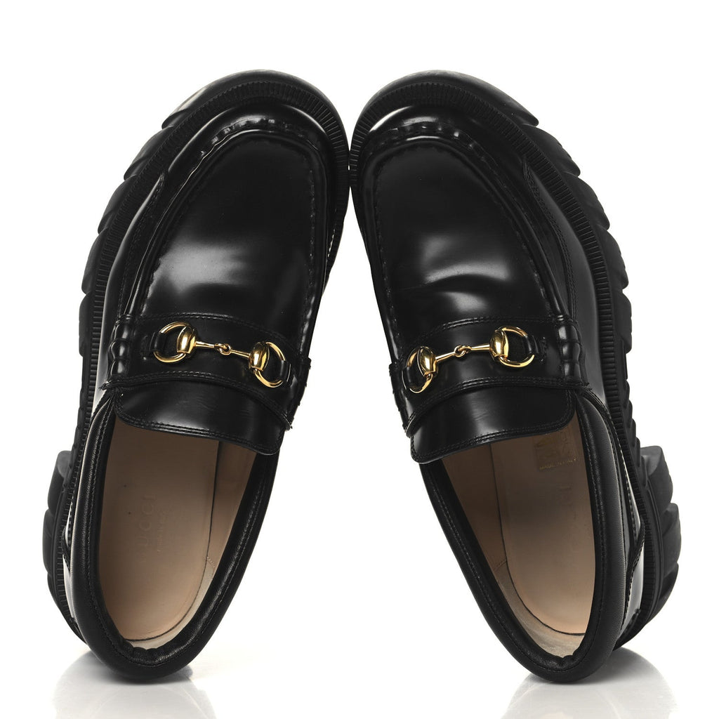Gucci Magnum Calfskin Nappa Samoa Womens Horsebit Platform Chunky Lug Sole 40mm Loafers 38.5  Black