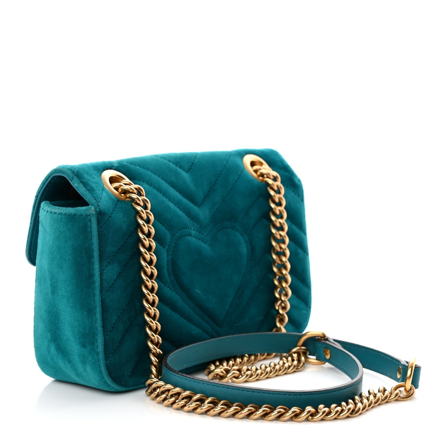 Gucci Velvet Matelasse Mini GG Marmont Shoulder Bag Pavone Cyan