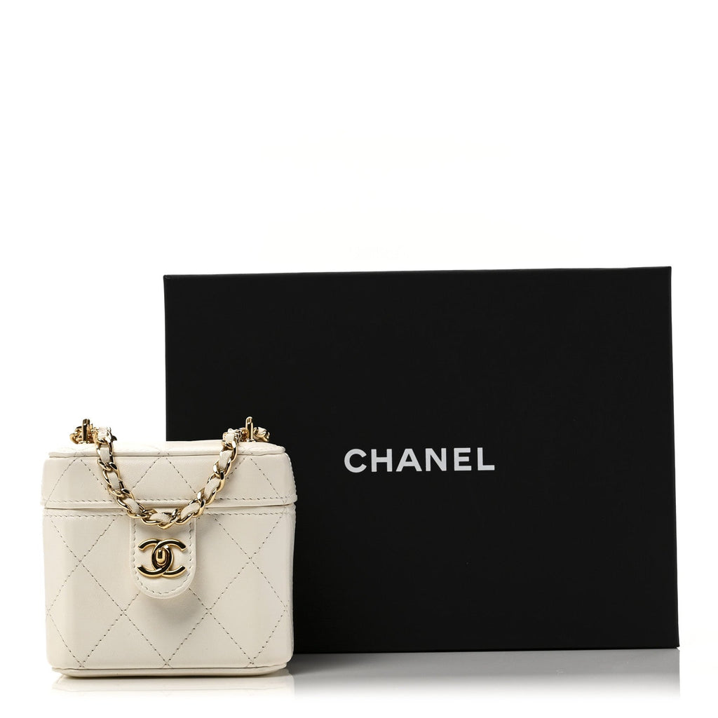 Chanel Lambskin Quilted Vanity Clutch With Chain White