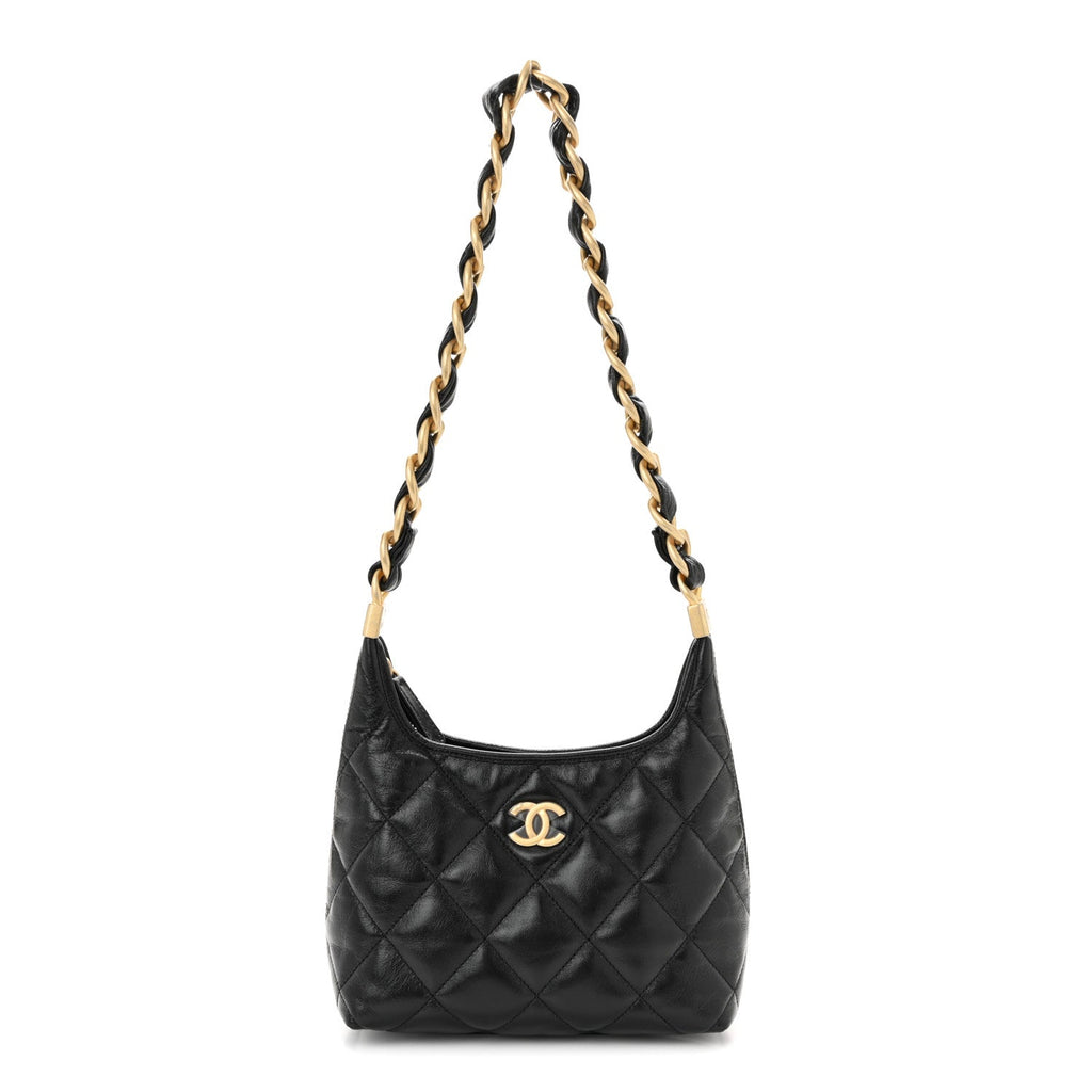 Chanel Shiny Crumpled Lambskin Quilted Small CC Funky Town Hobo Black