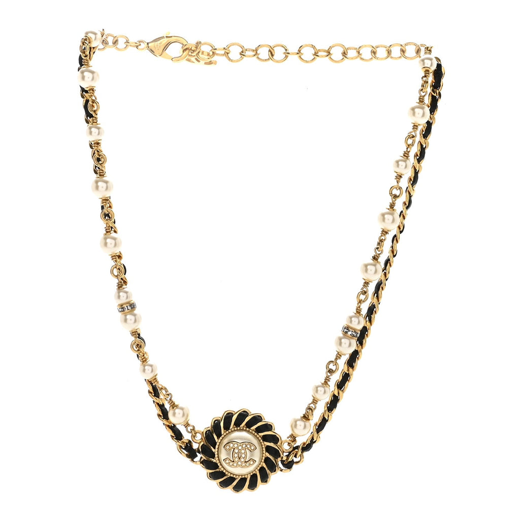 Lambskin Pearl Crystal CC Short Double Strand Necklace Gold White Black